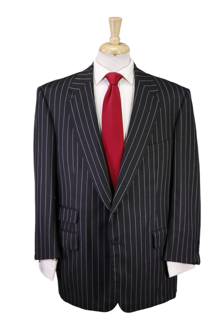 Edgar Pomeroy Custom Tailored Black Bold Pinstripe 2-Btn Wool Suit 46R